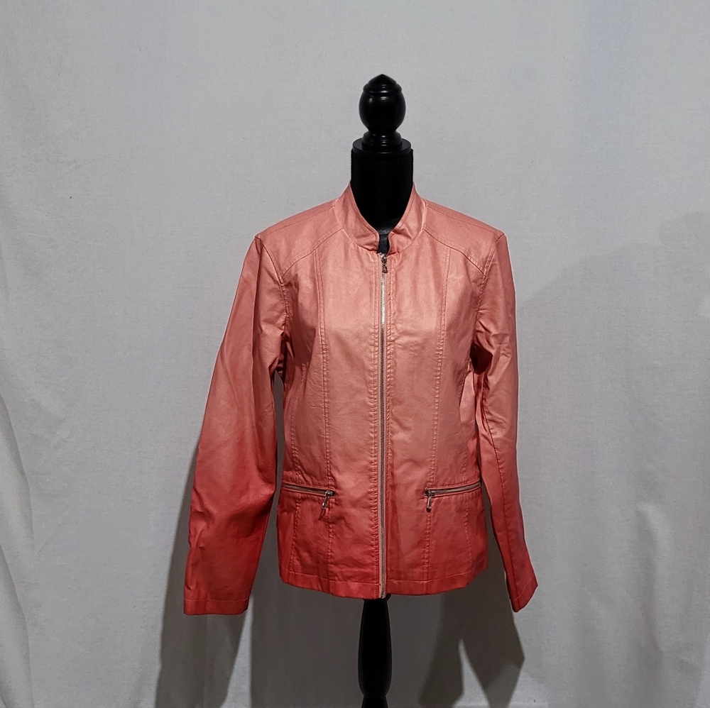 Cleo jacket pink ombre moto jacket coat vegan faux leather peach coral orange
